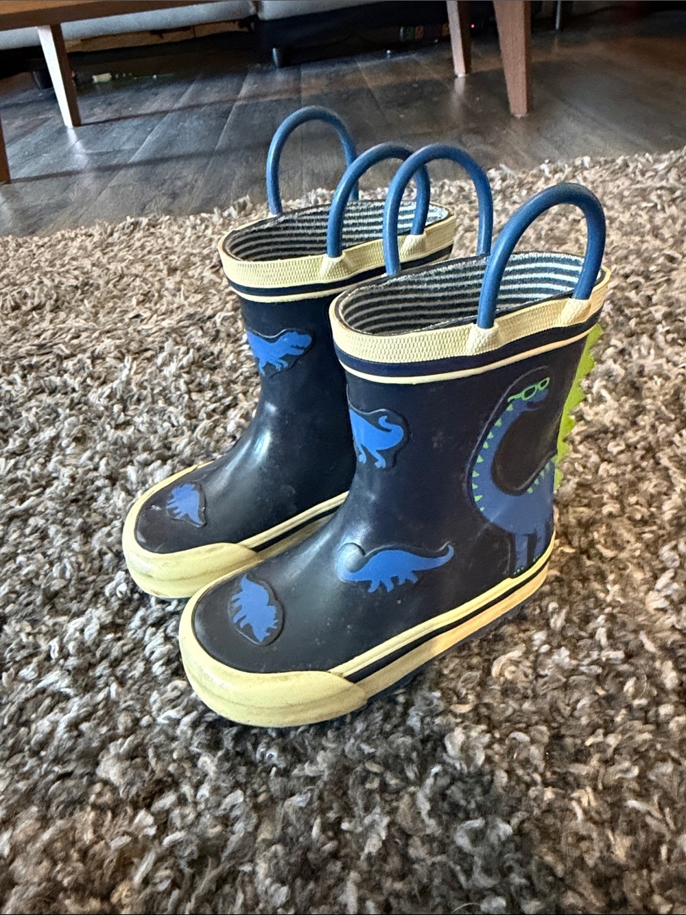 Joe Fresh Navy Rain Boots with Blue Dinosaurs and Yellow Trim